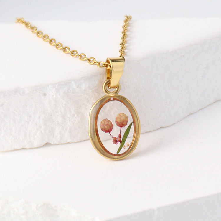 Wholesale 6pcs/pack Summer New Style True Flower Necklace Sweet Style Small Fresh Color True Flower Pendant Stainless Steel Resin Eternal Flower Jewelry
